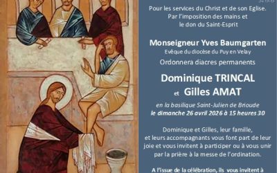 annonce de l'ordination diaconale de Gilles Amat. Image du lavement des pieds