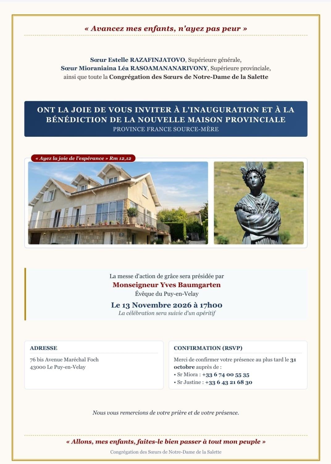 inauguration de la maison des soeurs de La Salette au Puy